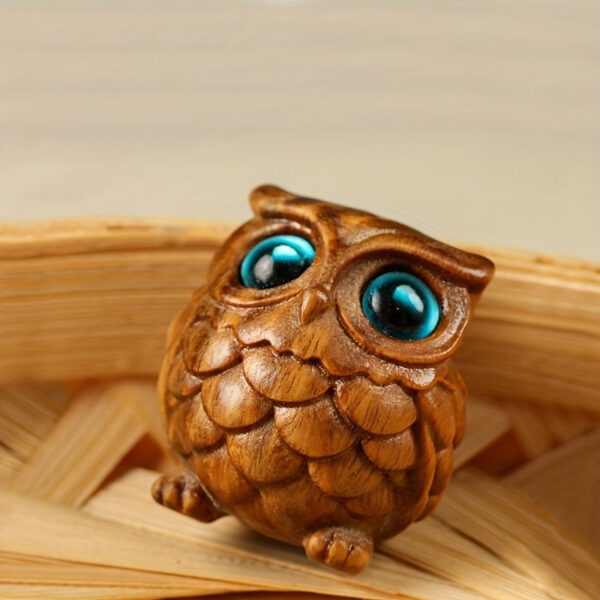 Handcrafted Wooden Owl Statue with Big Blue Eyes - Charming Cartoon Style Collectible, Red Owl Sculpture for Indoor & Outdoor Decor, Durable Wooden Art, No Electricity Needed, Owl Home Decor
